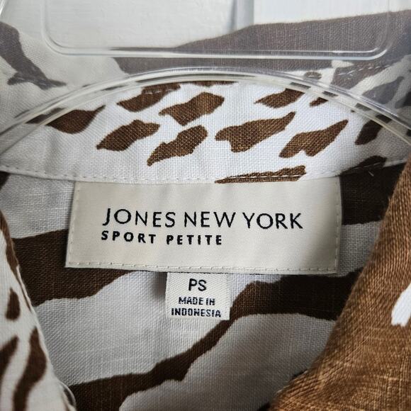Jones New York Womens Brown White Zebra Print Linen Button Down Shirt Size PS - Picture 4 of 11